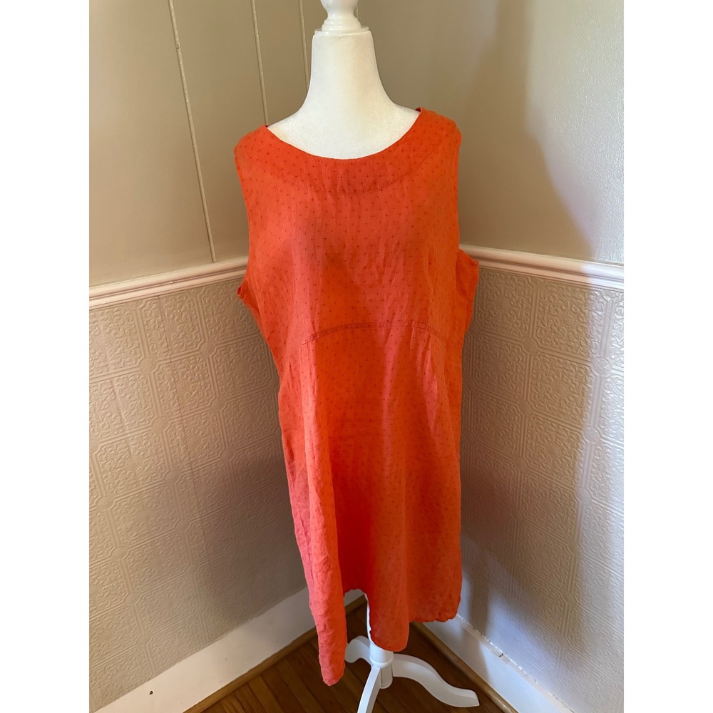 FLAX Orange 100% Softened Linen Sleeveless Button Back Midi Dress Medium
